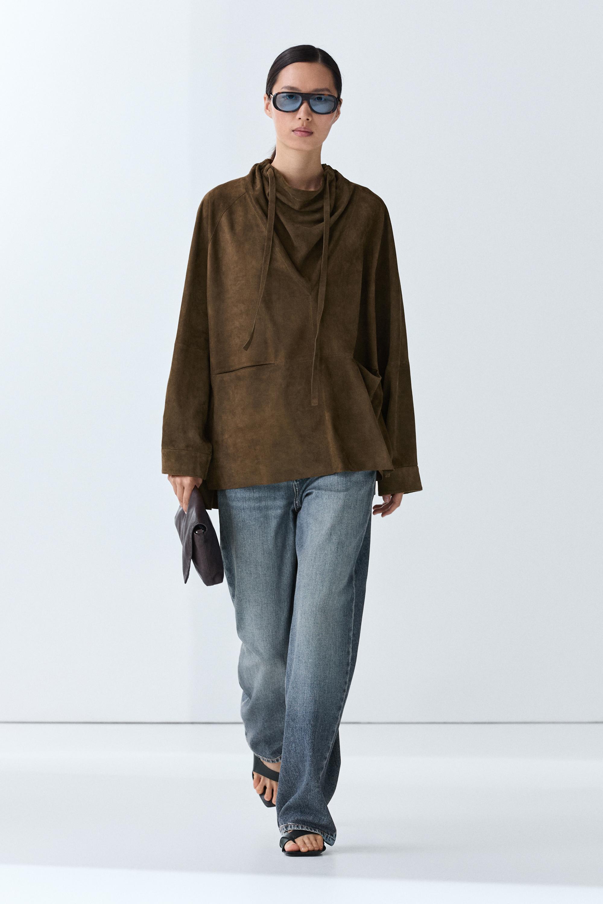 High-neck suede shirt
